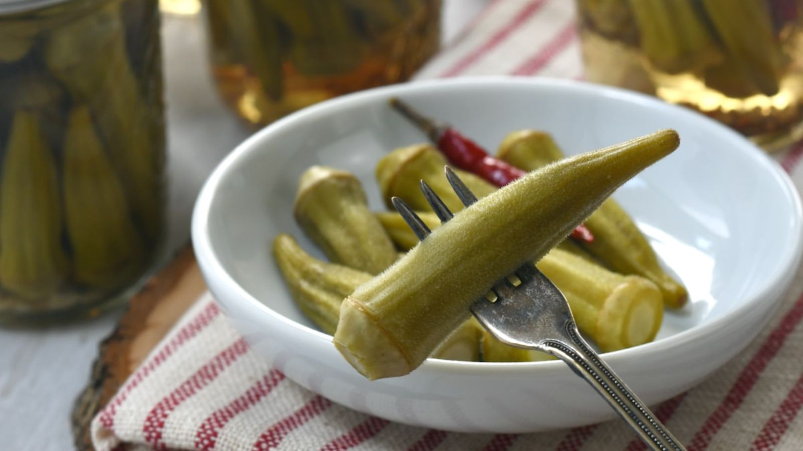 Pickled okra close up.