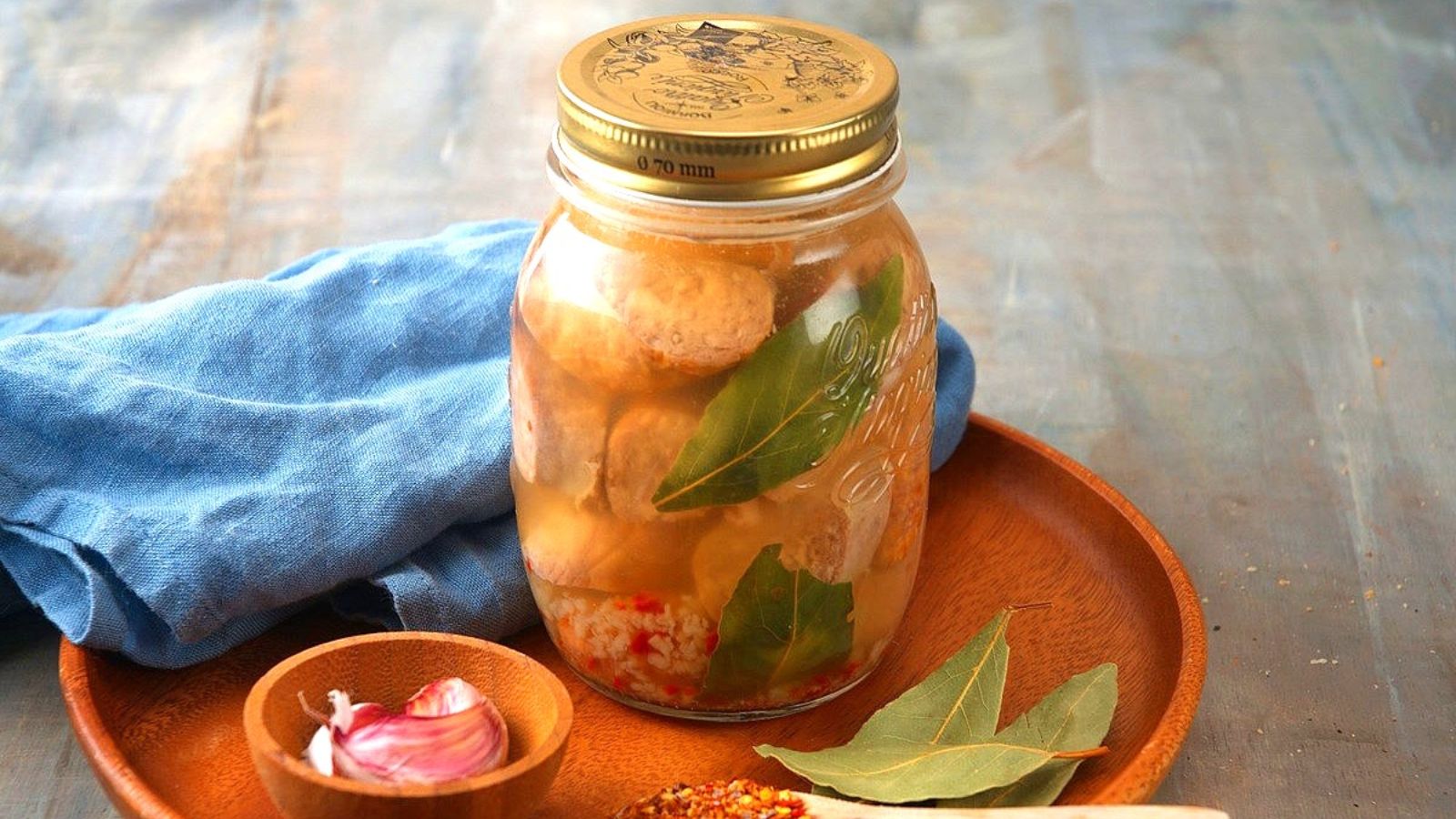 Pickled sausage in a jar.