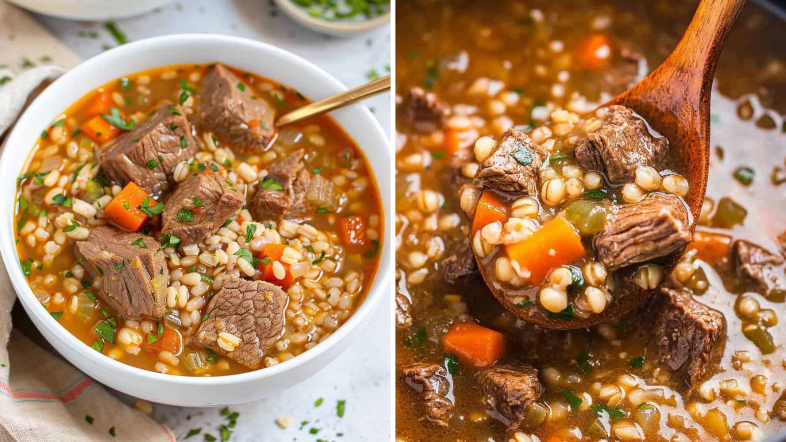 Soup with chunks of beef.
