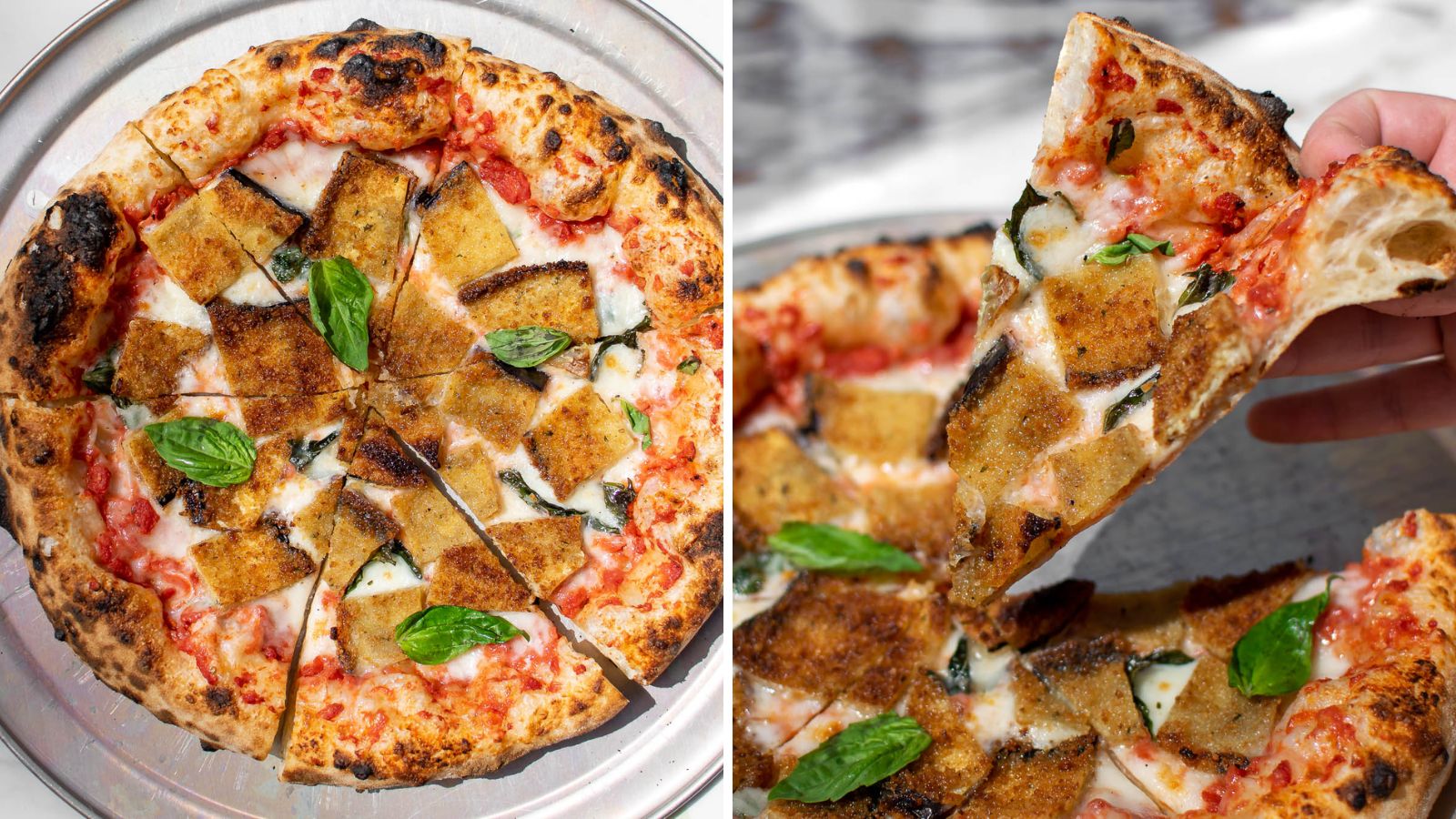 Fried eggplant pizza slices.