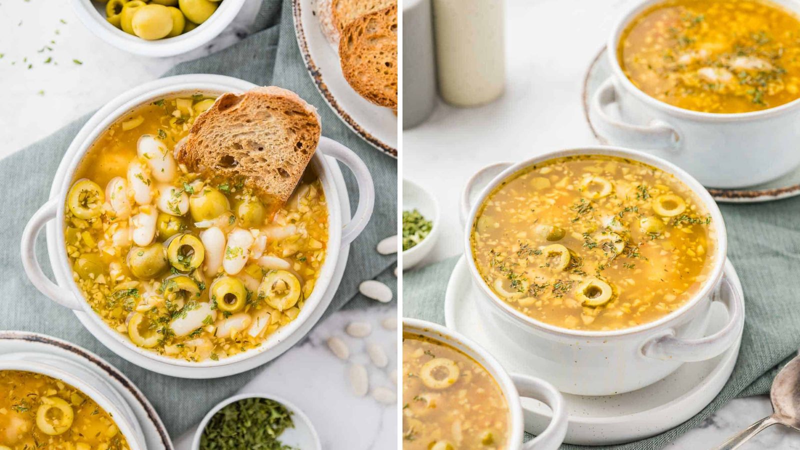 Green olive soup with bread.