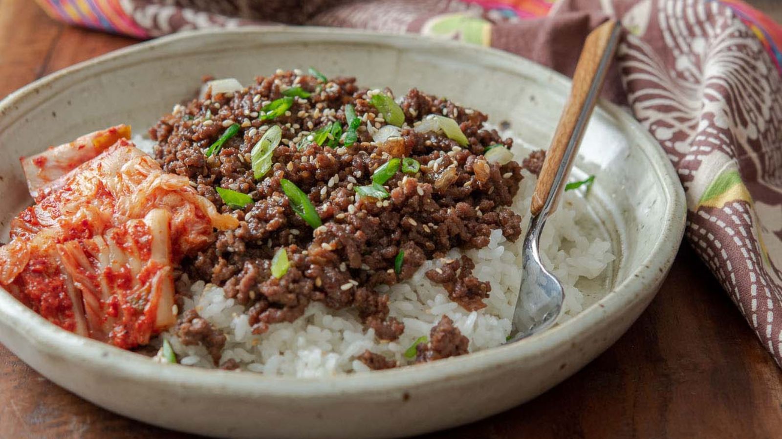 Ground beef bulgogi with kimchi on the side.