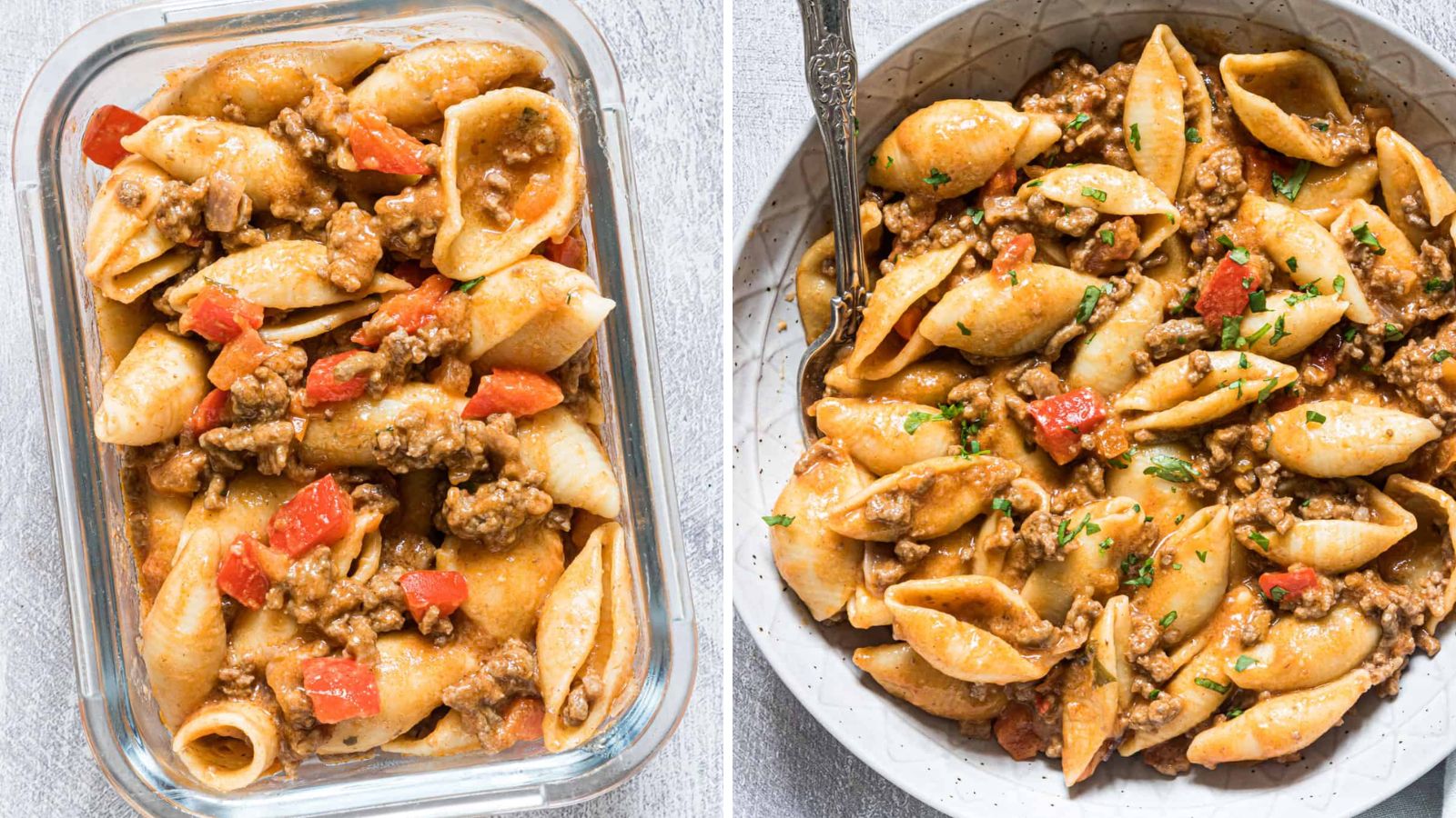 Taco pasta in glass container and plate.