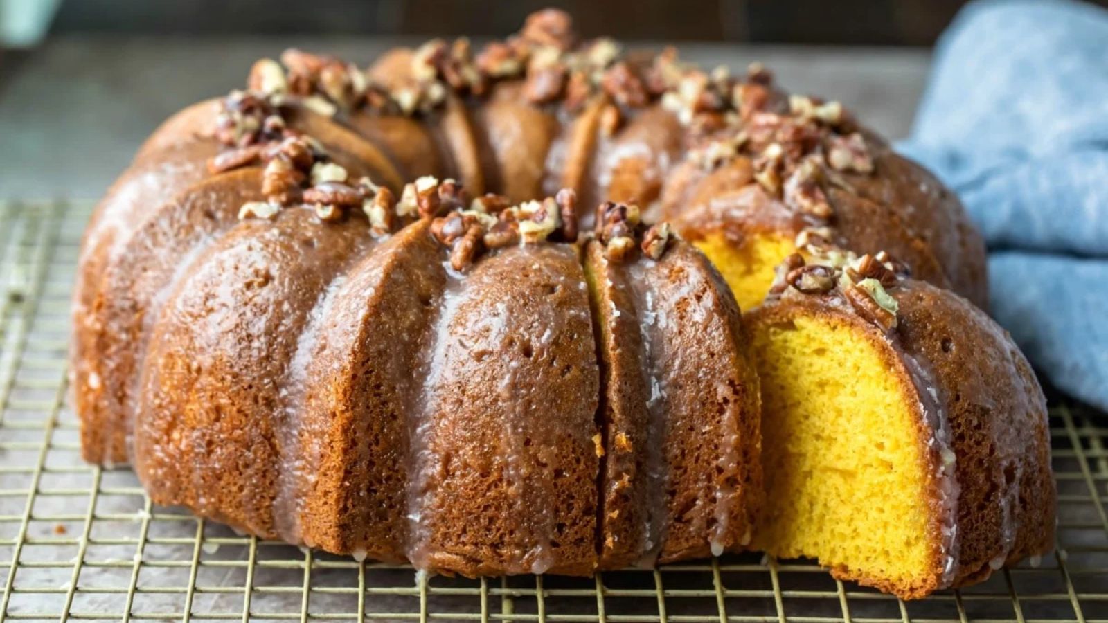 Irish cream bundt cake with slice.