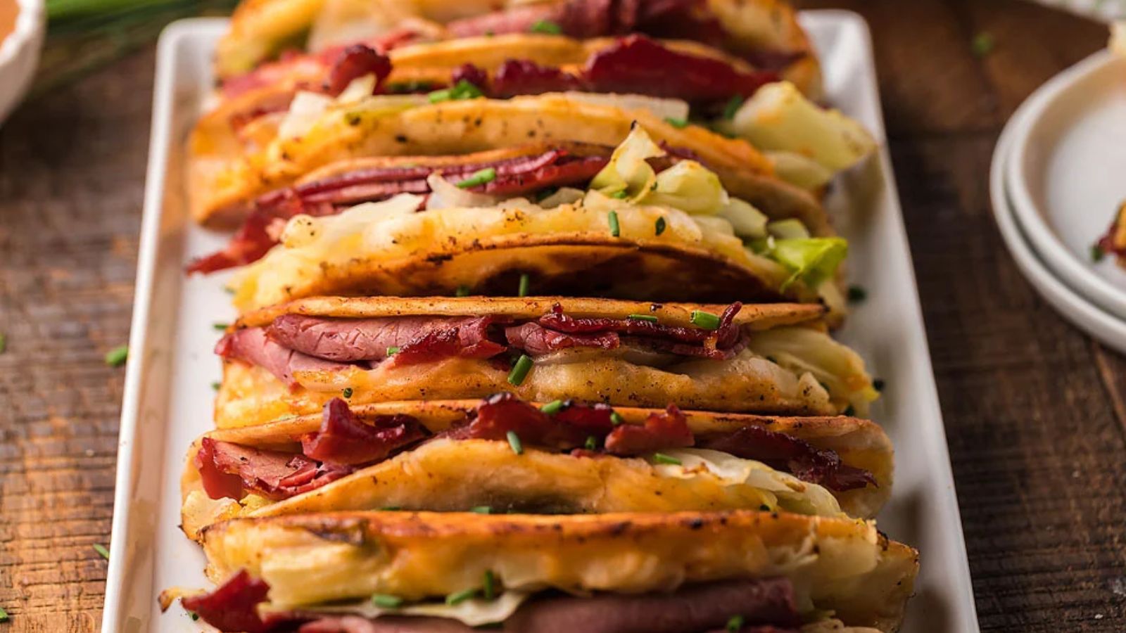 Irish tacos with potatoes, corned beef, cabbage and onions.