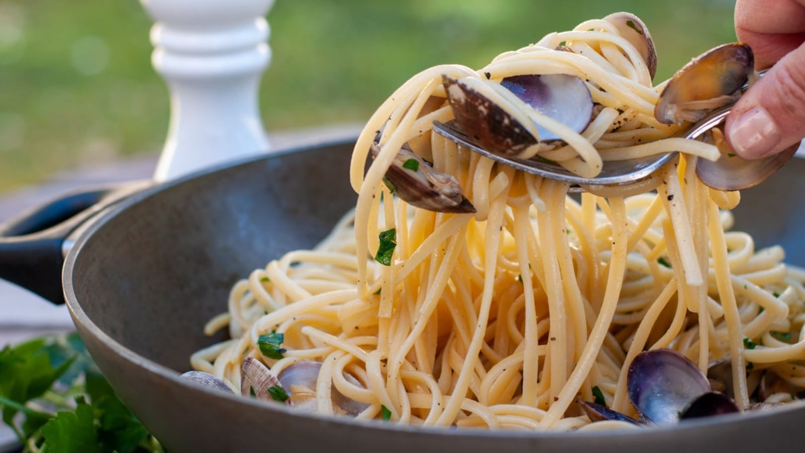 Linguine with fresh clams close up shot.