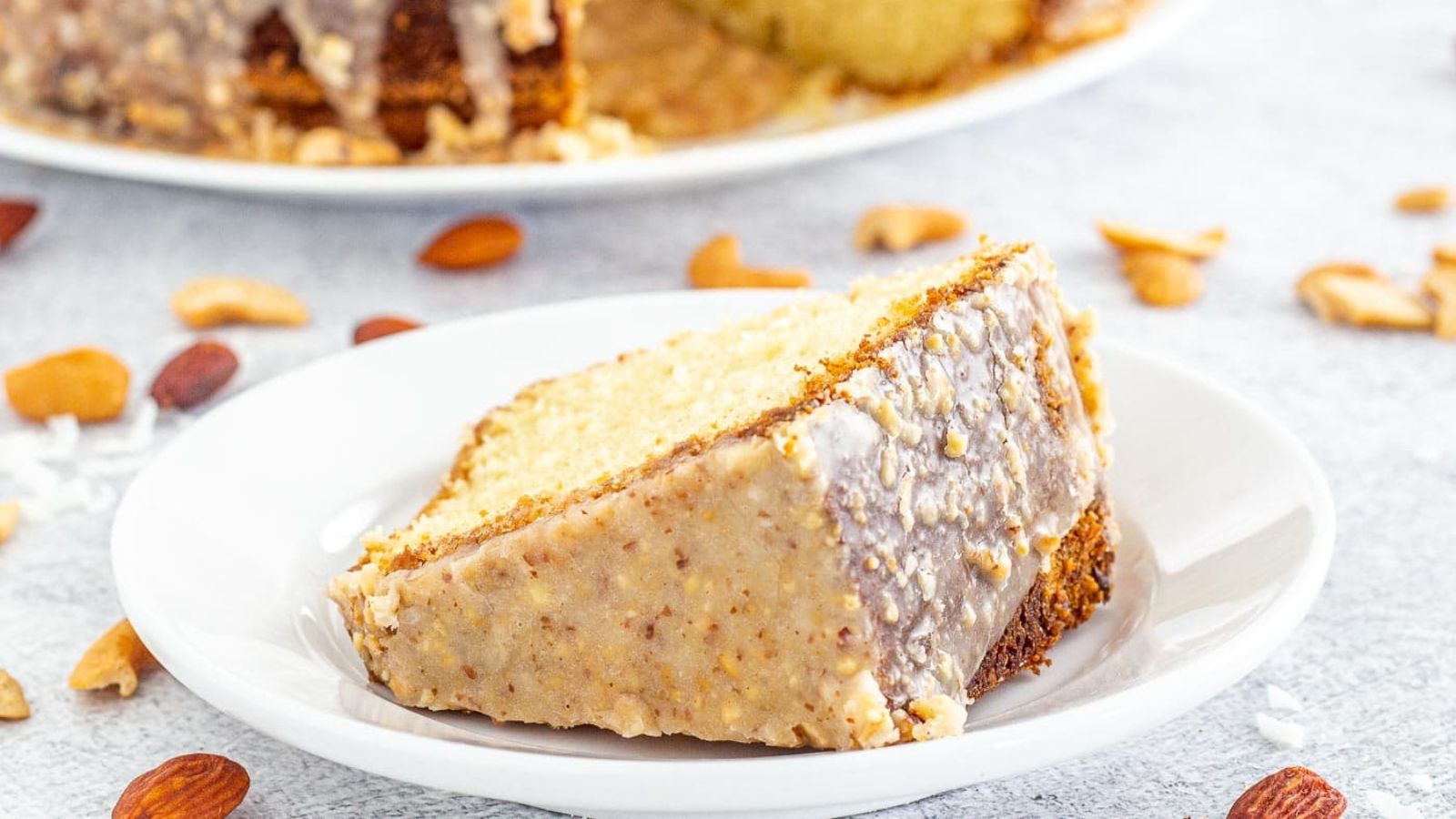 A slice of crunch cake on a plate.