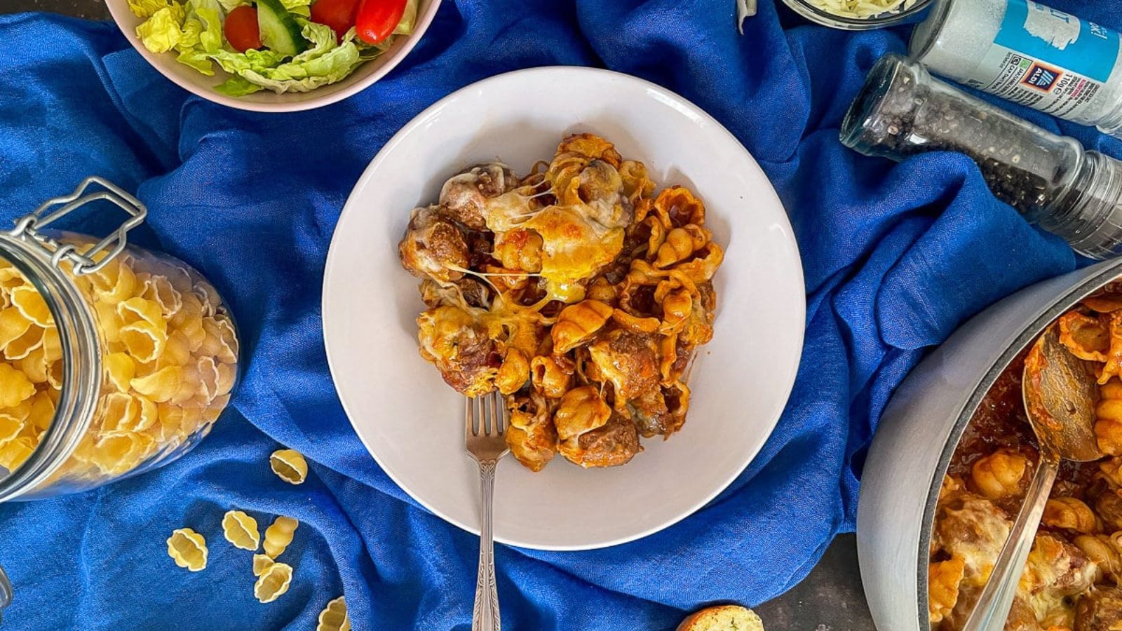 Meatball pasta bake in a bowl.