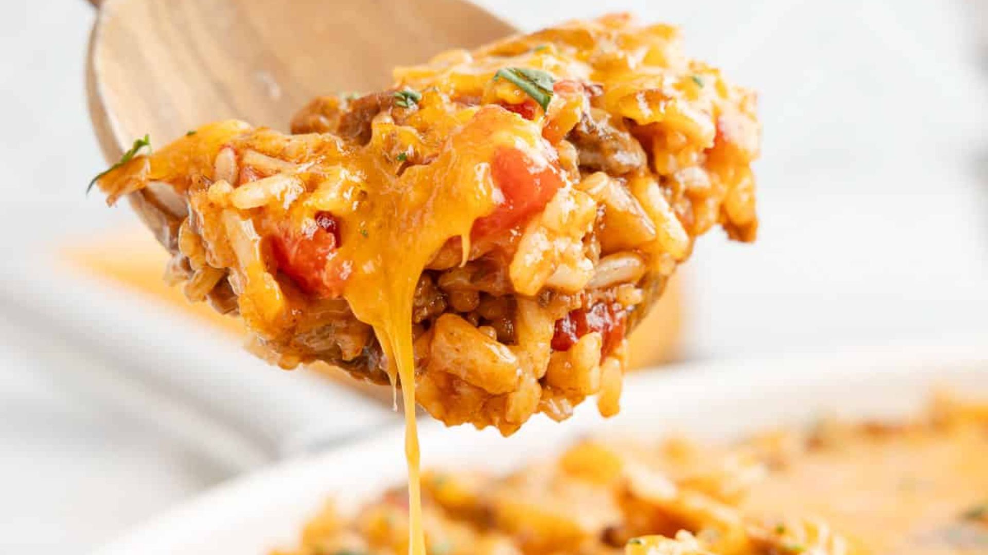 Beef and rice skillet a bit of pulled cheese.
