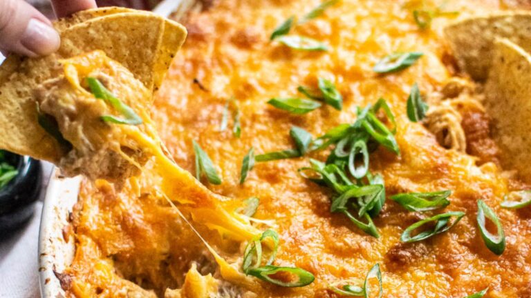 Chip dipping in shredded chicken dip.