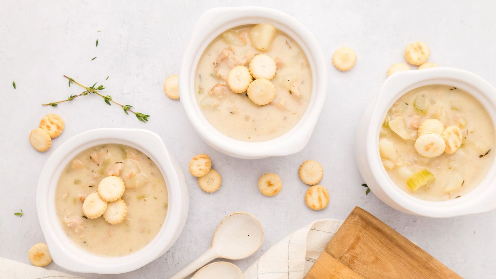 Three bowls of clam chowder.
