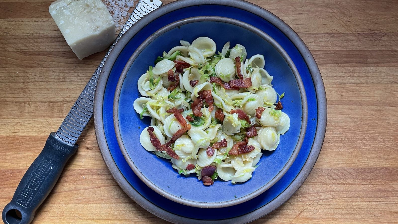 Pasta with bacon a nd brussels sprouts.