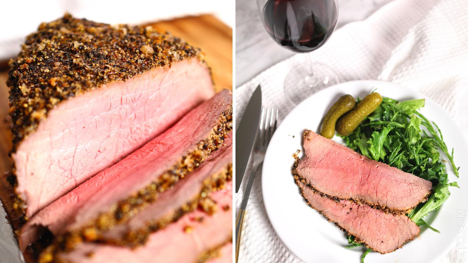 Pepper crusted roast beef slices.