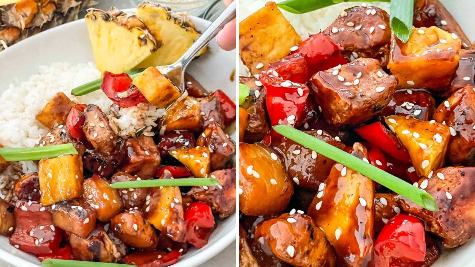 Pineapple chicken with sesame seeds.