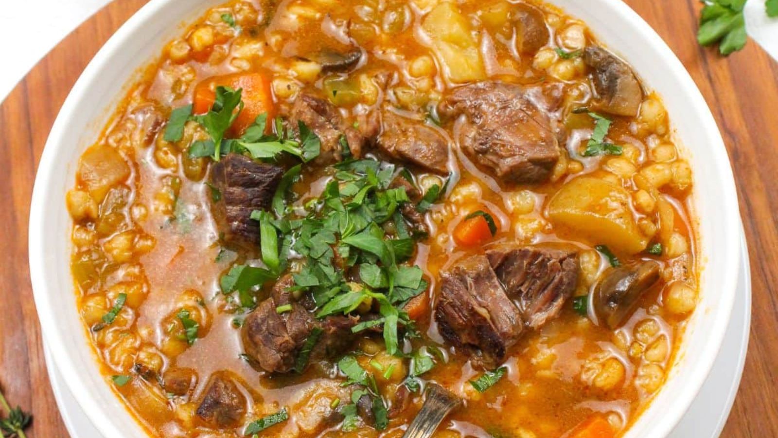 Barley soup with beef.