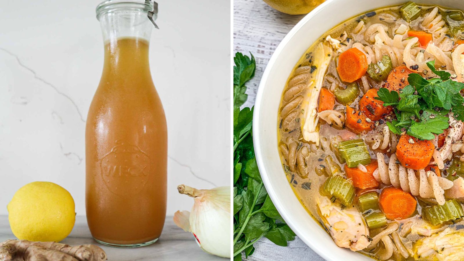 Chicken bone broth in a bottle.