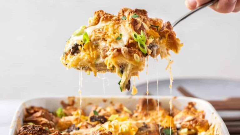Bread pudding with mushrooms and pulled cheese.