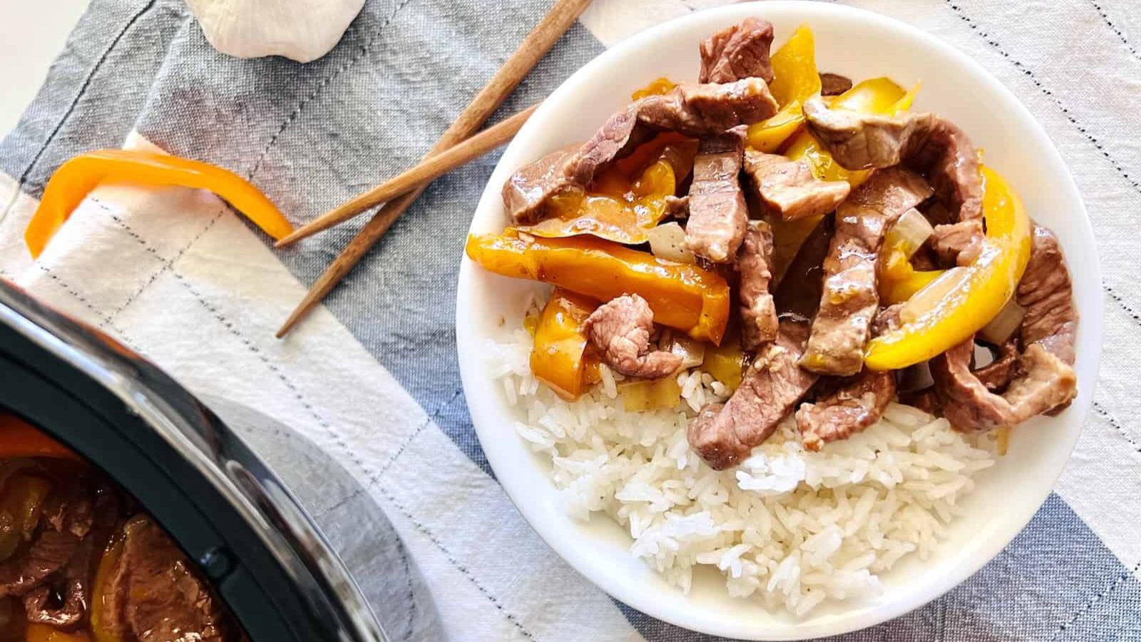 Pepper steak with rice.