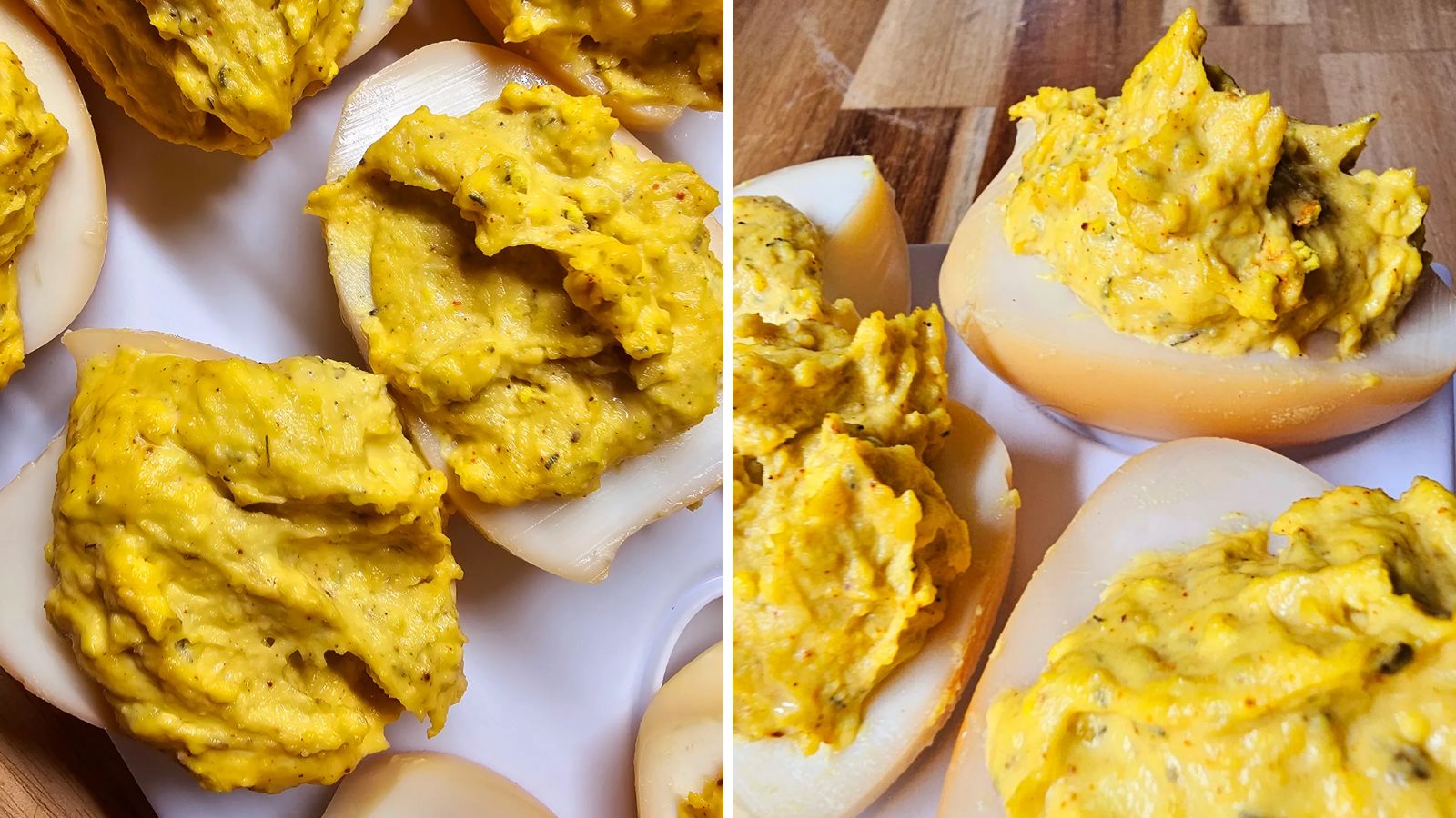 Smoked deviled eggs close up.