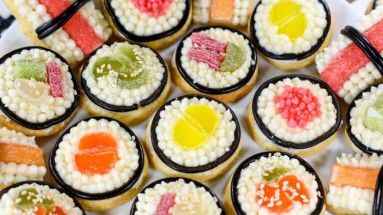 Different designs of sushi cookies.