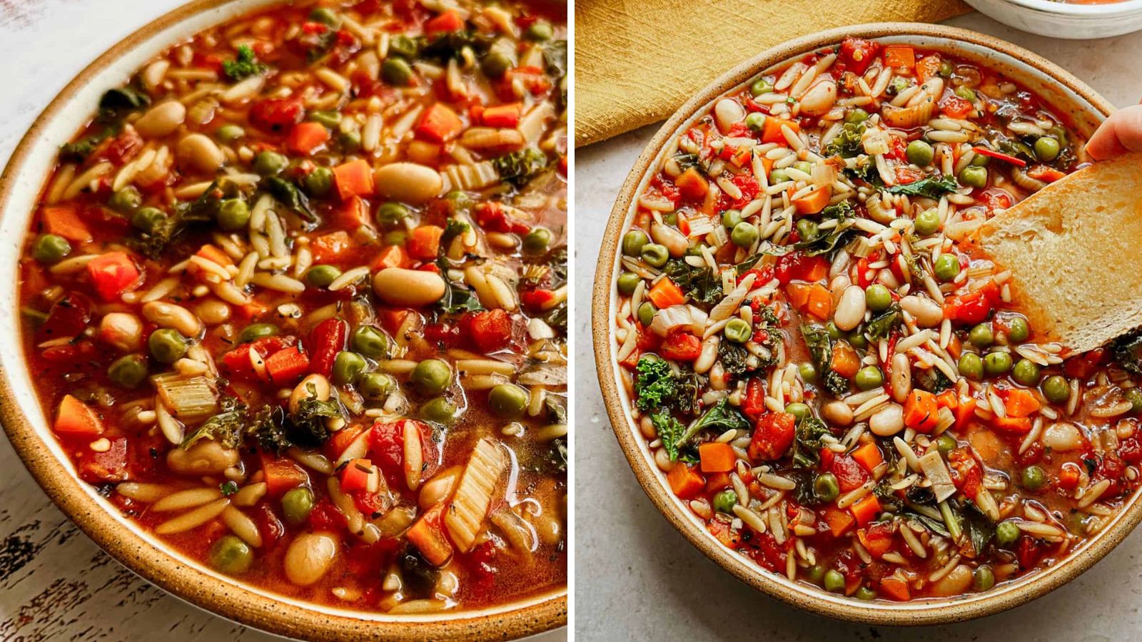 A bowl of vegetable orzo soup.
