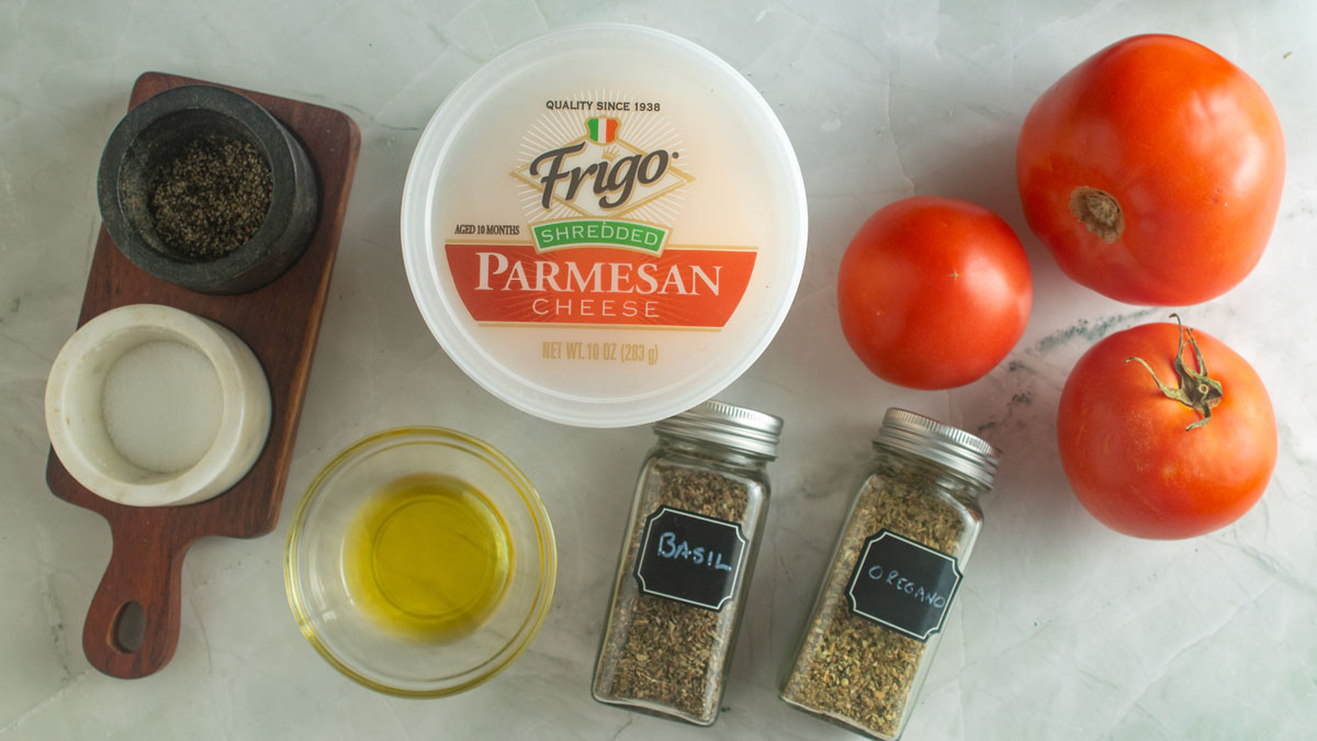 Ingredients for tomato chips. See details in recipe below.