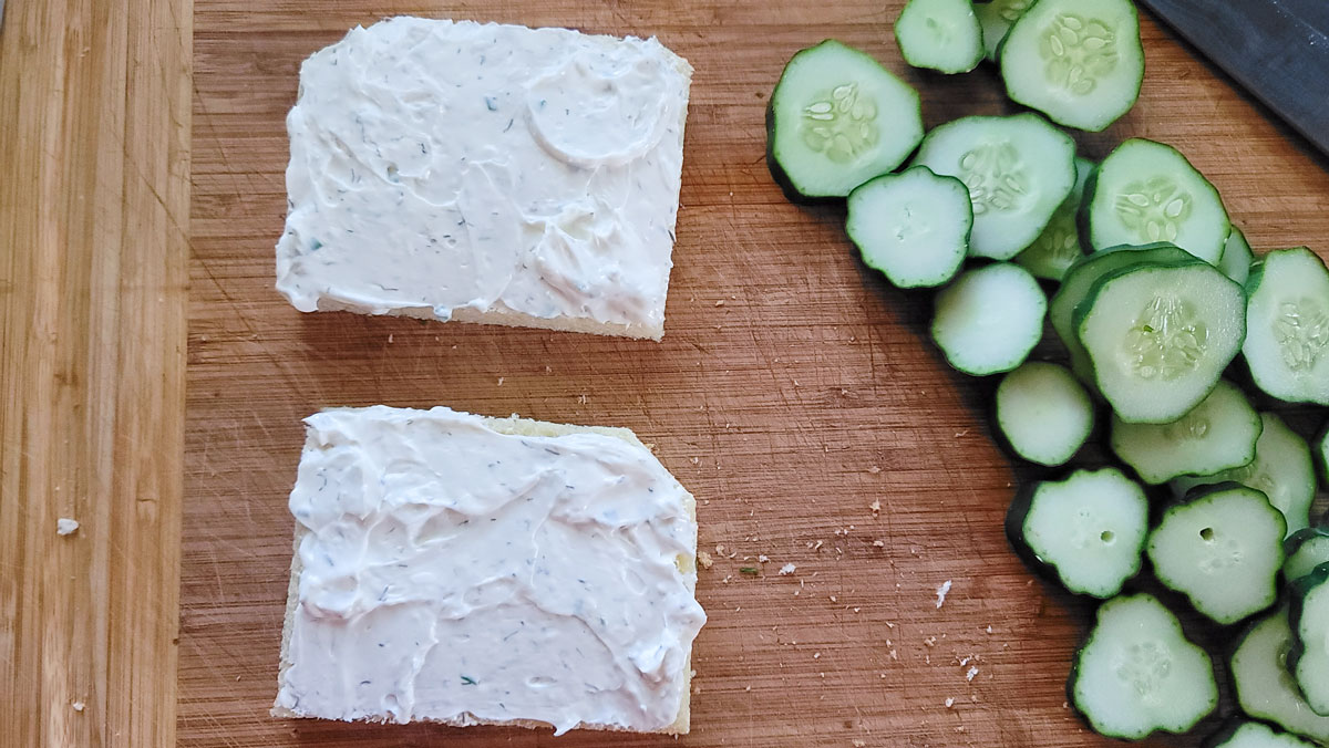 Cream cheese mixture spread onto the bread.