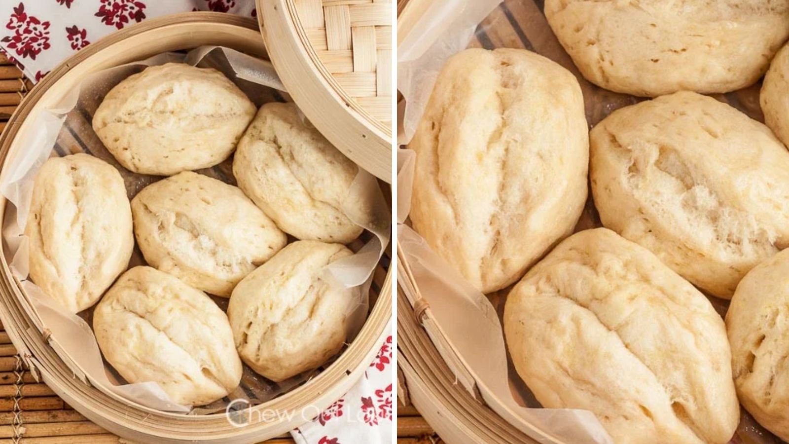 Steamed buns in a bamboo steamer.
