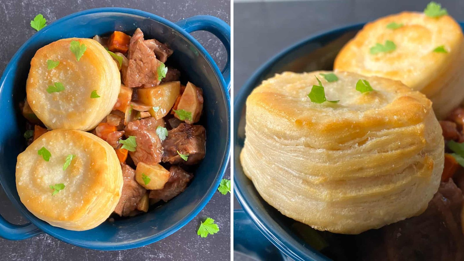 Beef stew with biscuits.