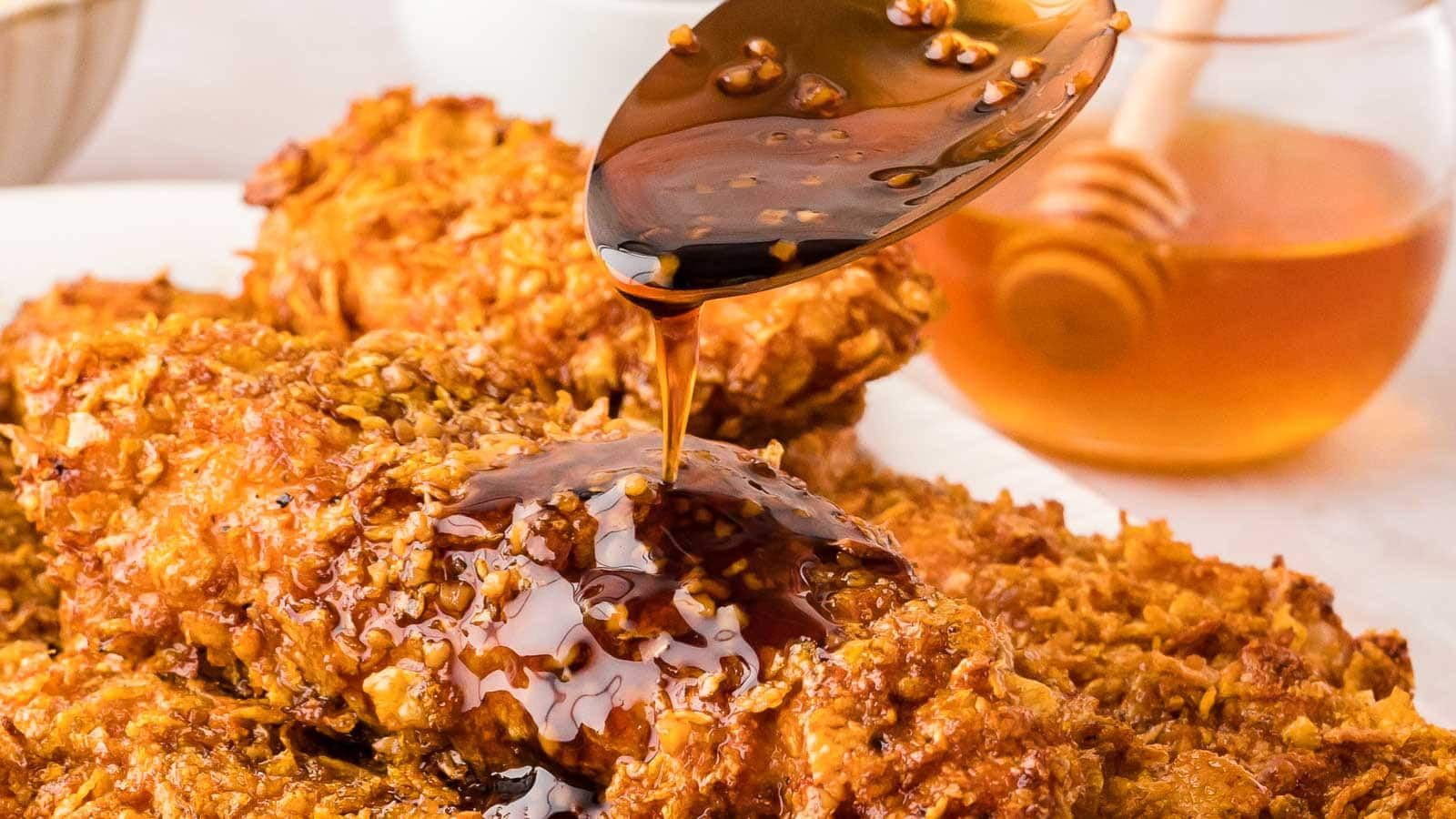 Chicken tenders with honey garlic sauce.