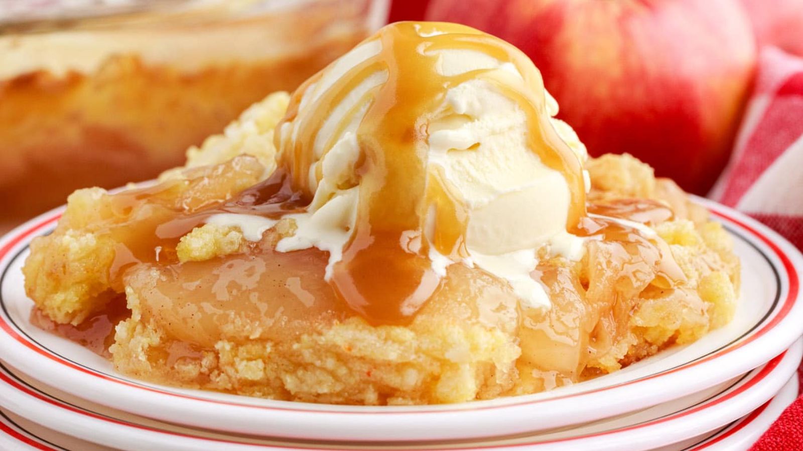 Apple dump cake with ice cream scoop. 