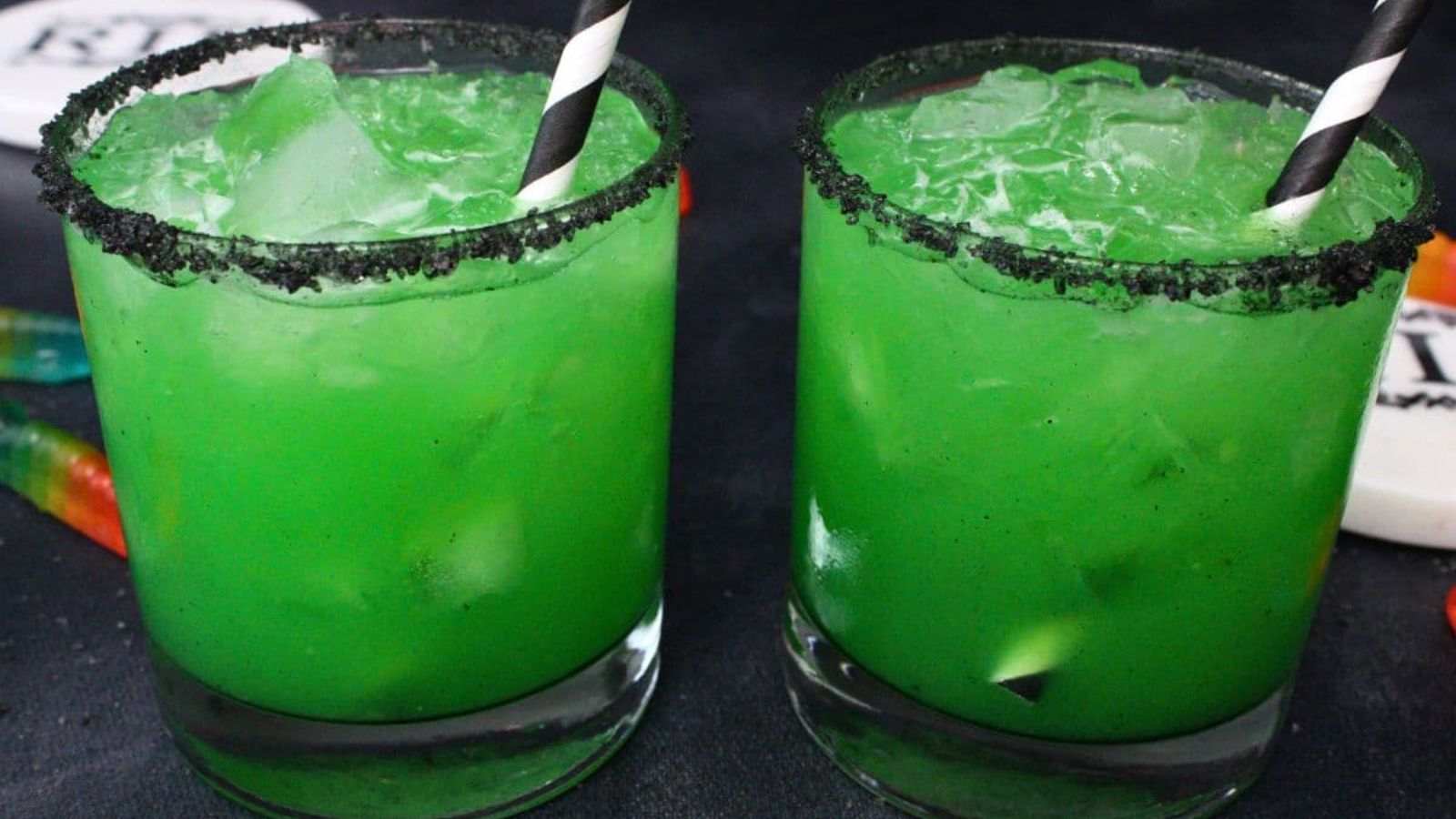 Two glasses with beetlejuice cocktail.