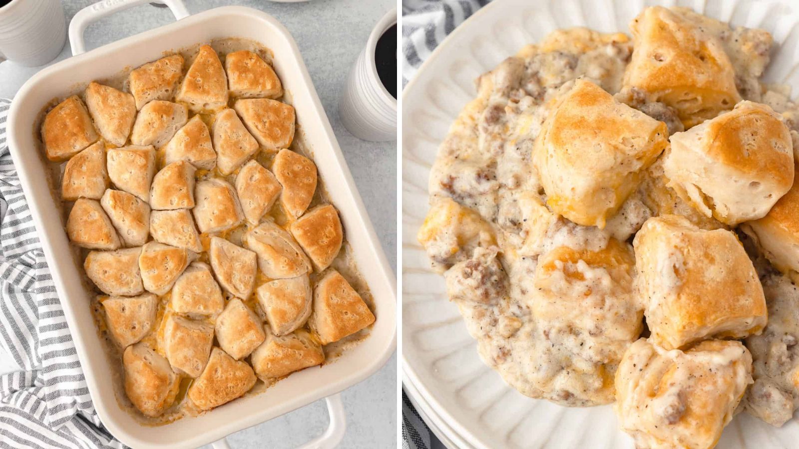 Biscuits and gravy casserole on a tray and plate.