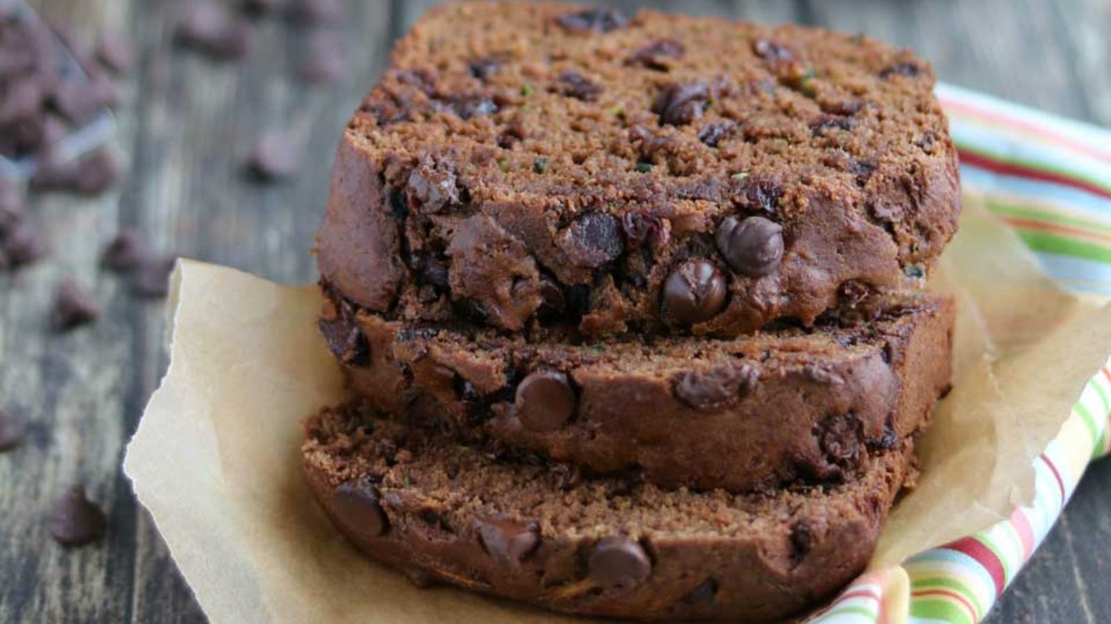 Zucchini bread with chocolate chips.