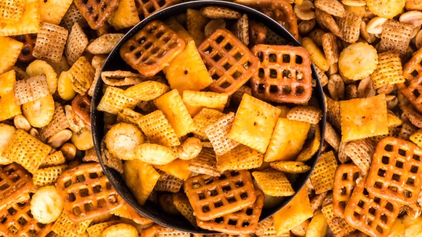 Chex mix in a bowl.