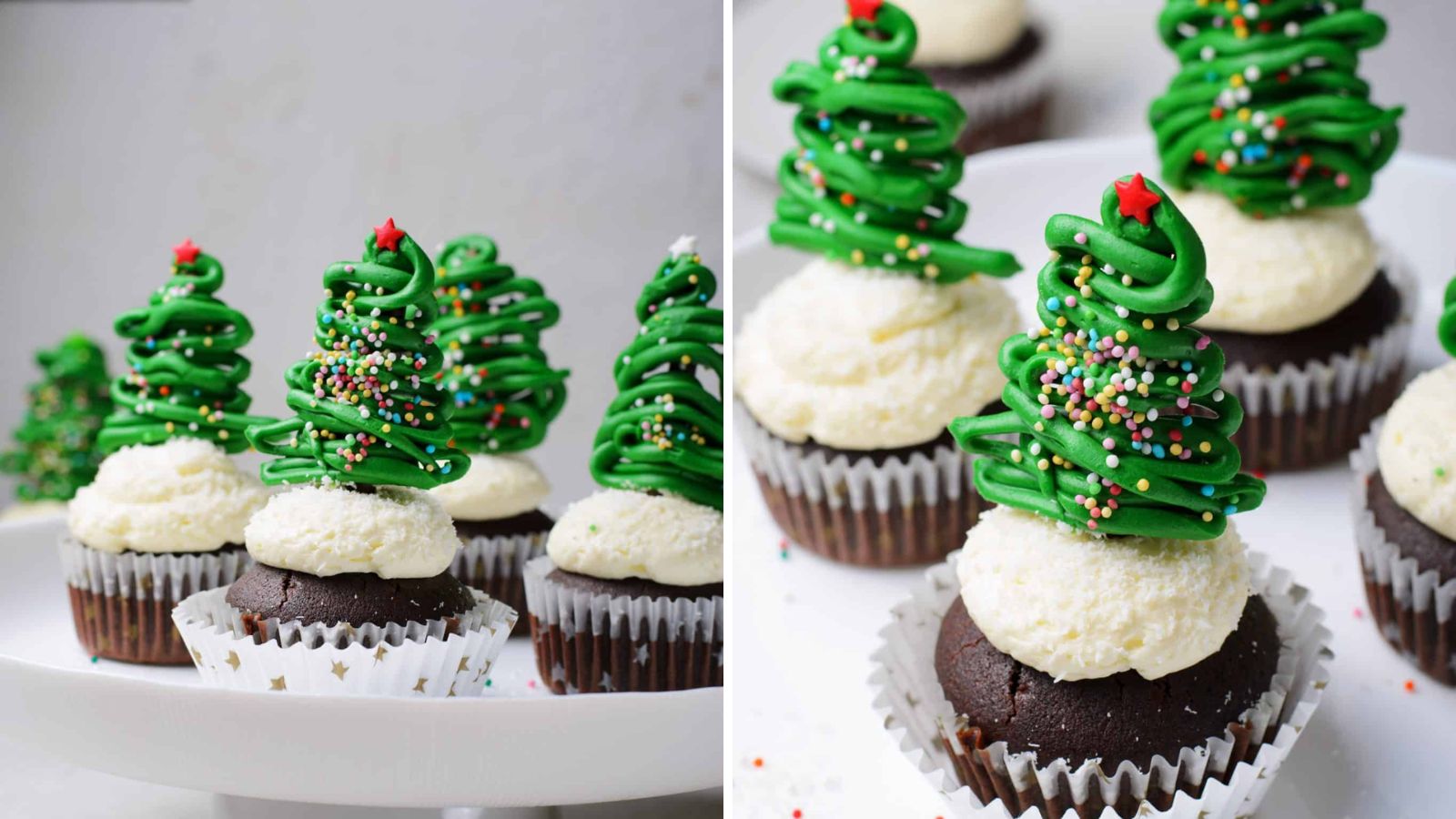 Christmas tree cupcakes with frosting.