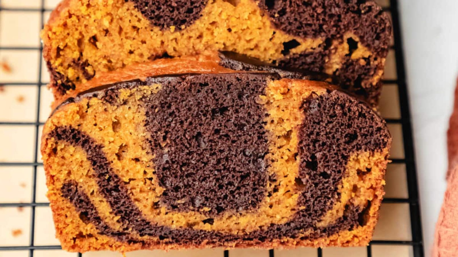 Slices of chocolate marble bread.