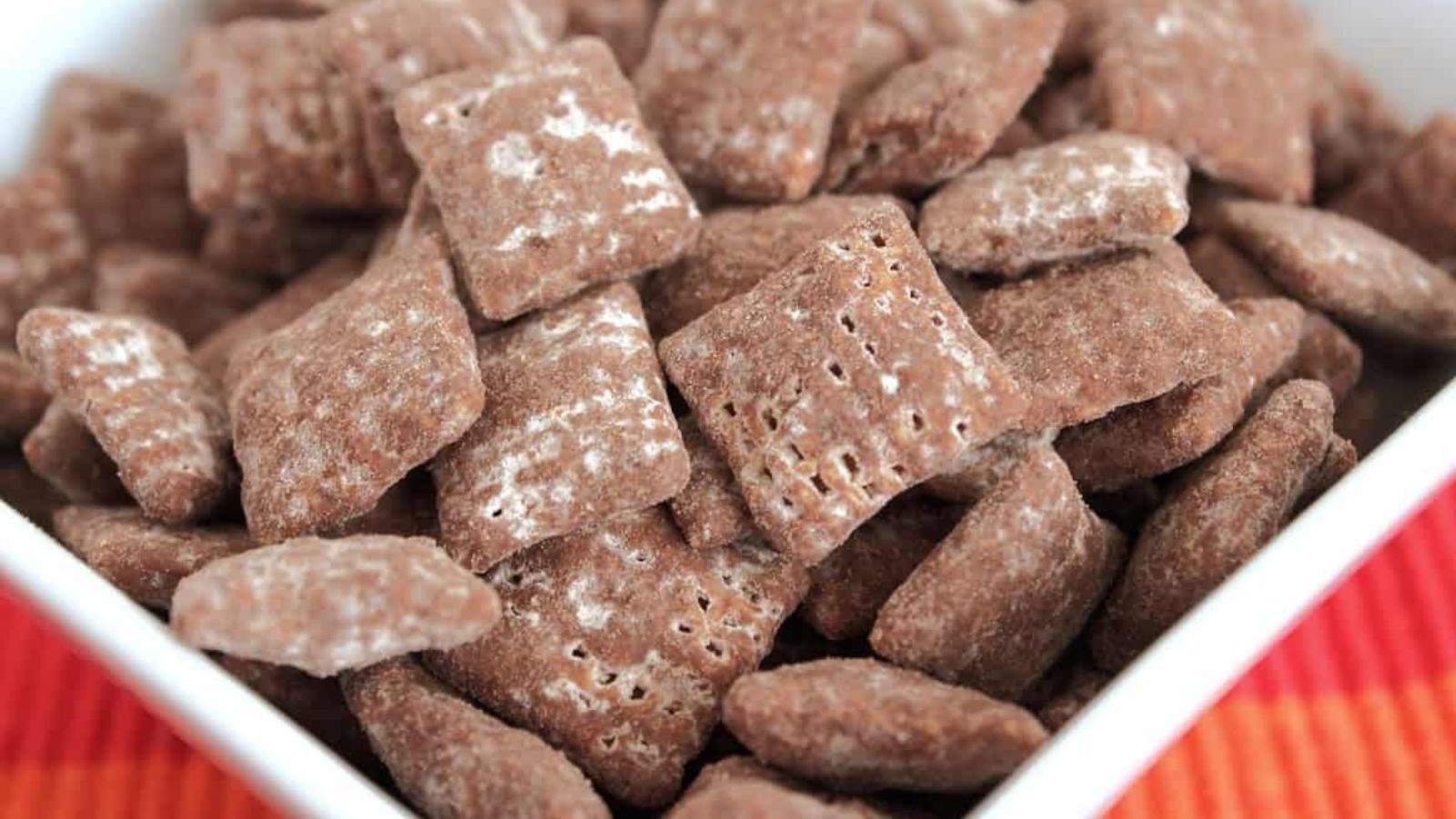 Chocolate chex mix close up.