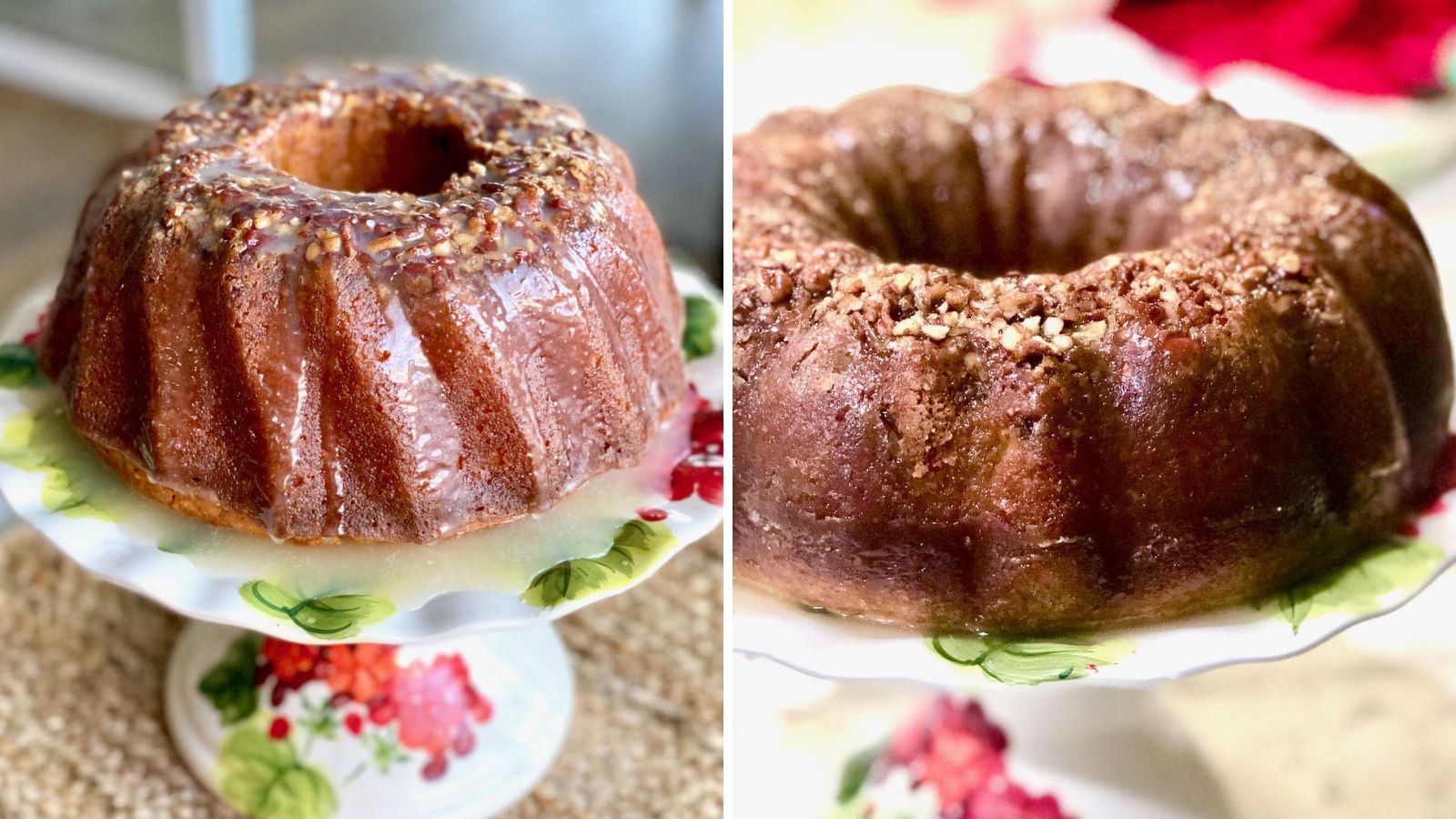 Rum cake with toppings.