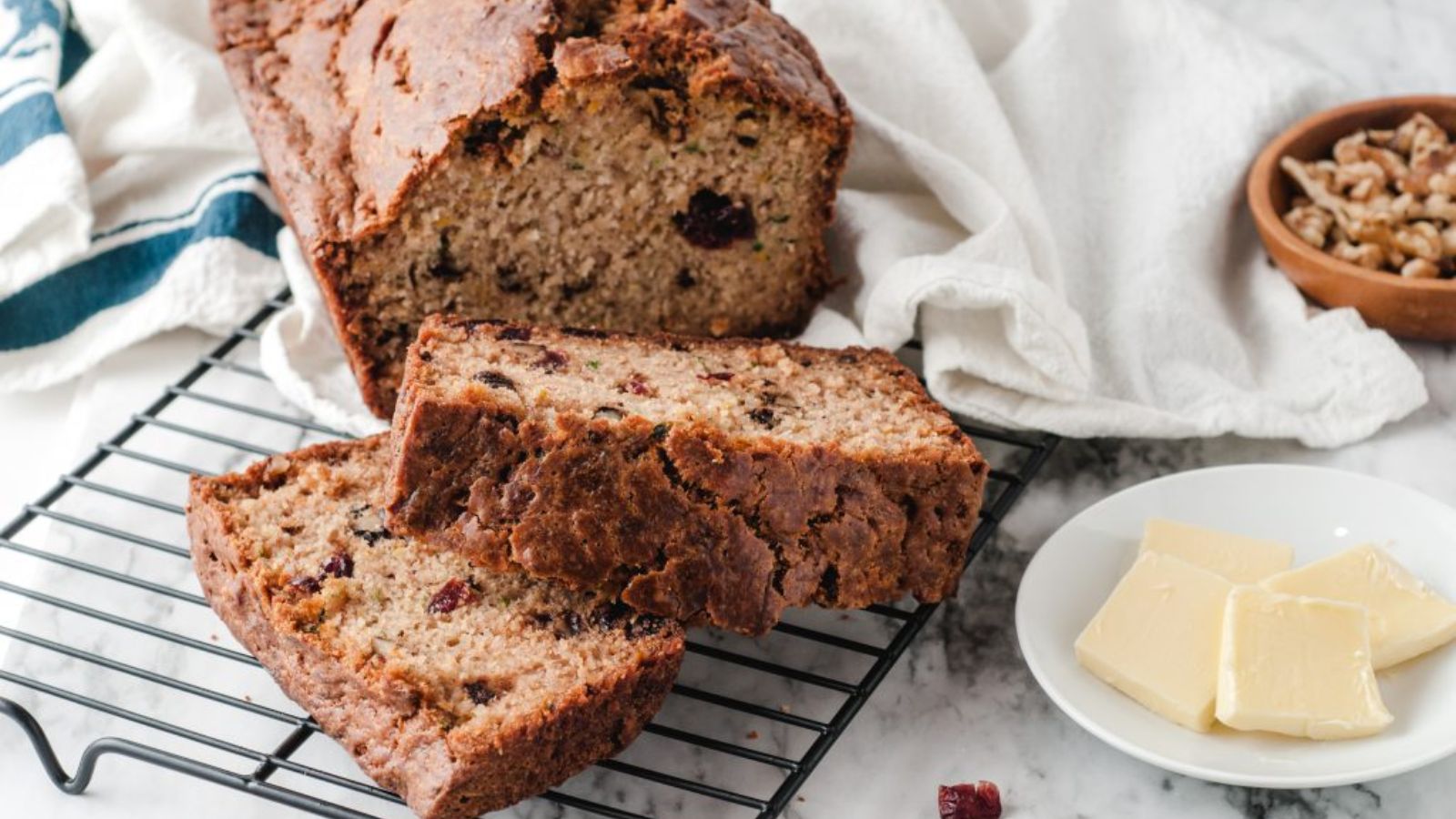 Zucchini bread with cranberries and walnuts.