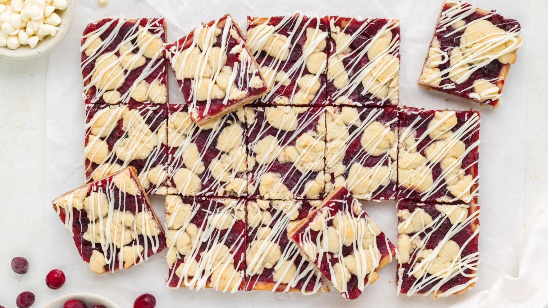 Crumb bars with cranberries and white chocolate.