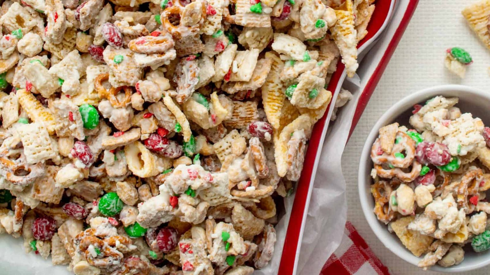 Chex mix with white chocolate.