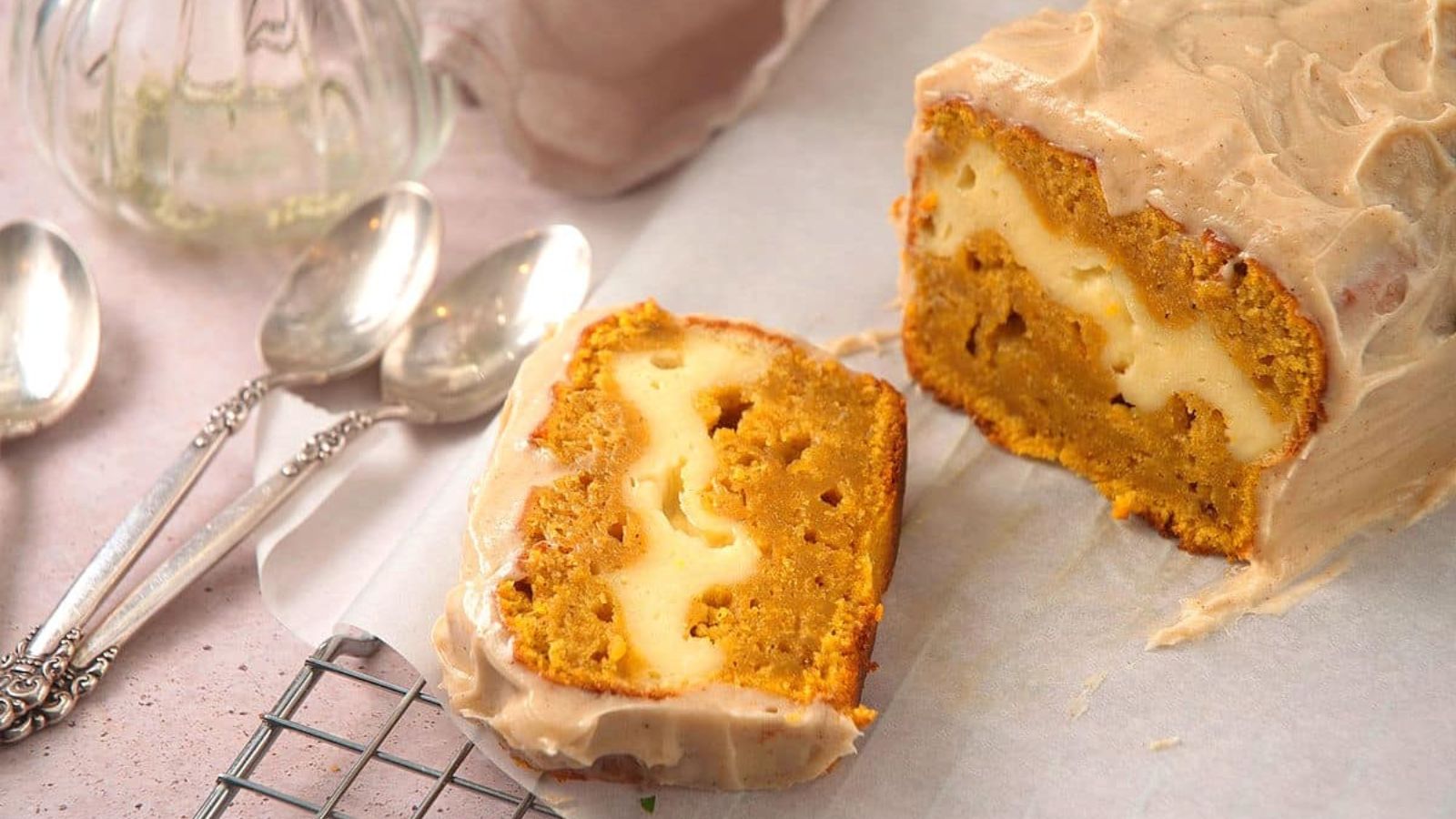 Pumpkin bread with cream cheese.