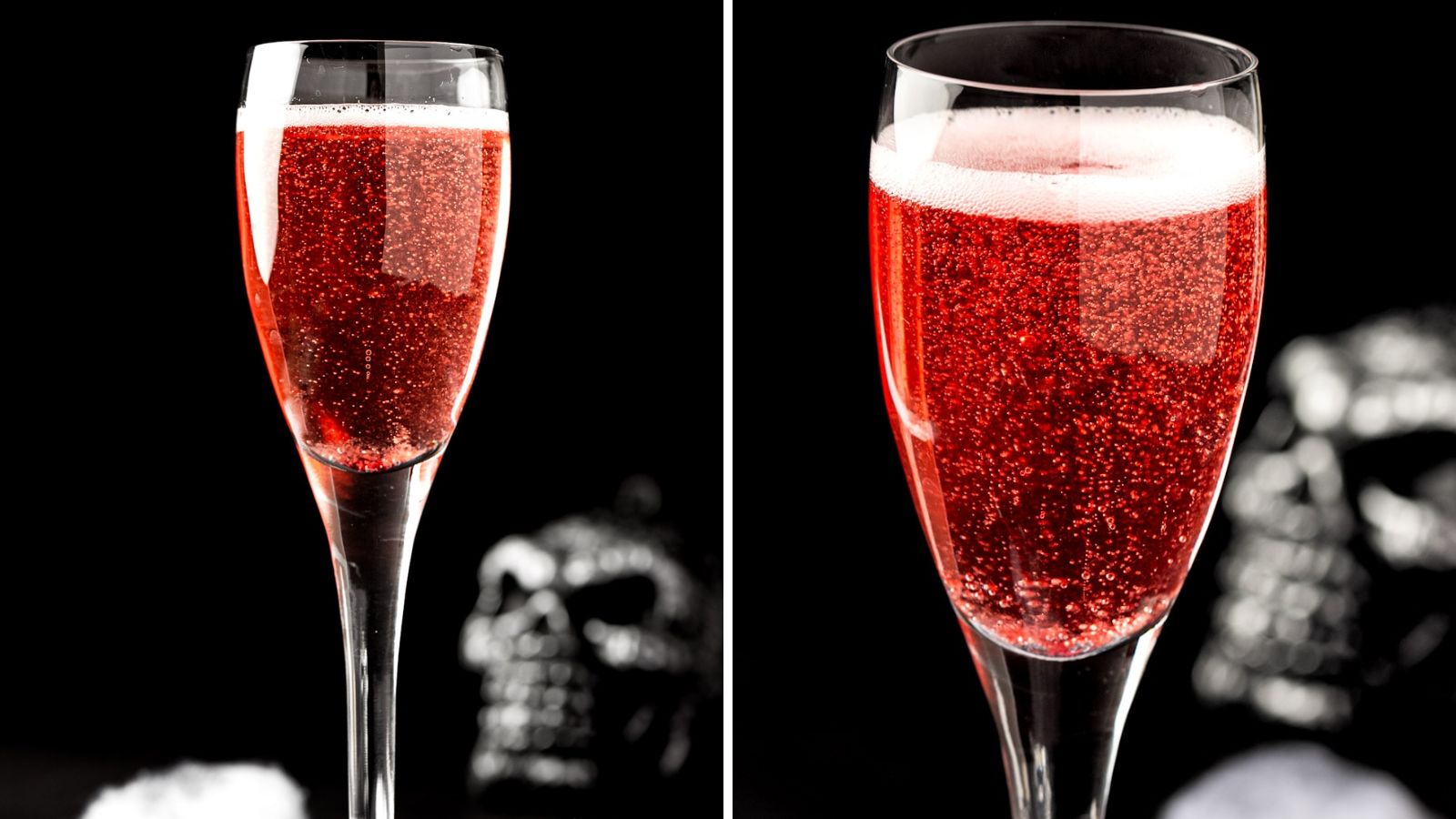 Halloween mimosa in a wine glass.