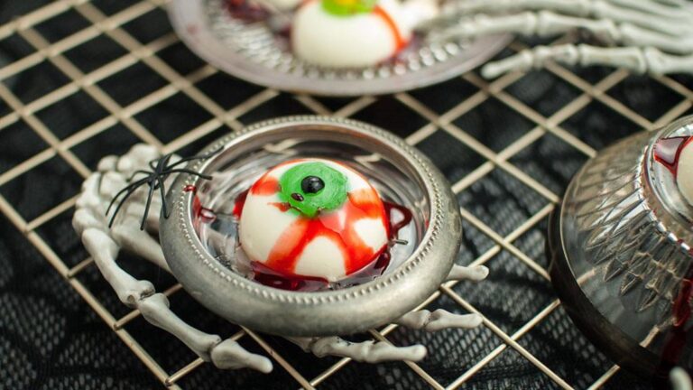 Panna cotta eyeball close up.