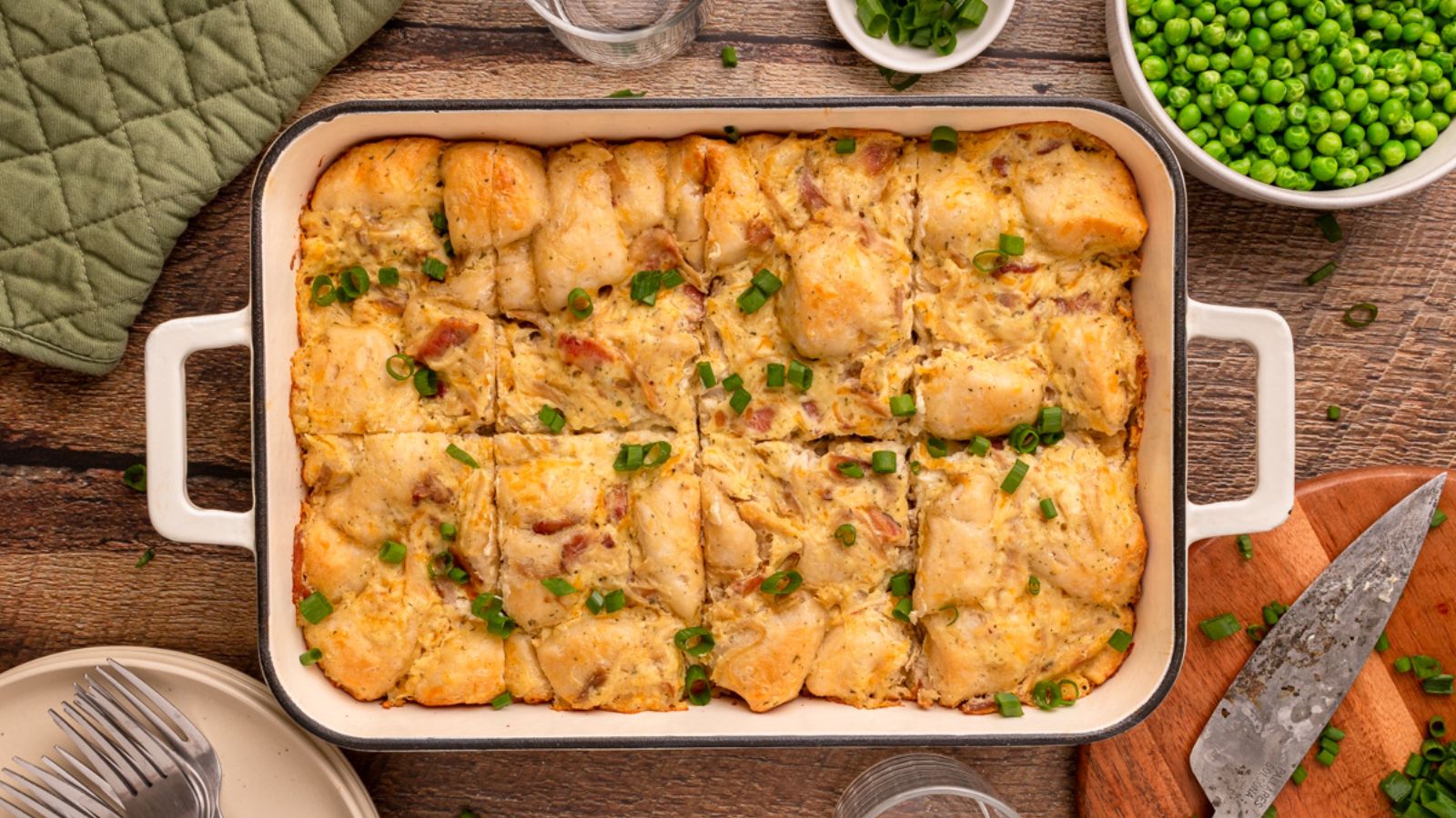 Chicken and biscuit bake on a tray.
