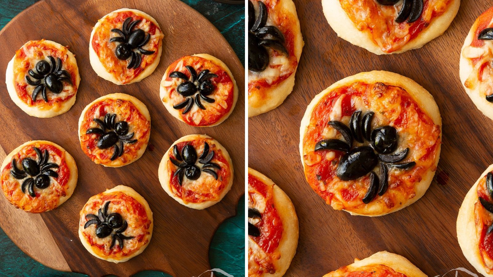 Spider pizzas on a wooden board.
