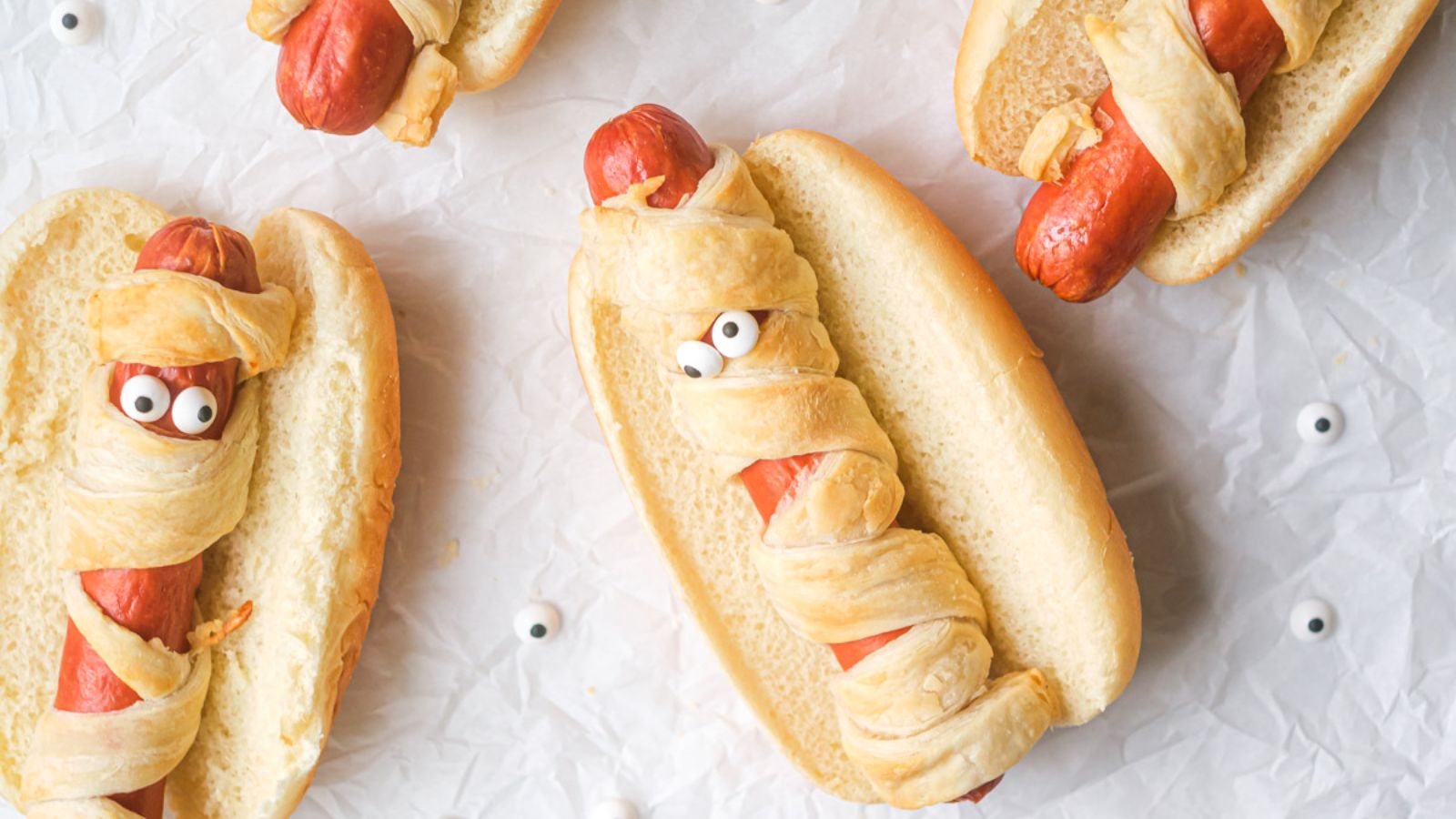 Mummy hotdogs close up.