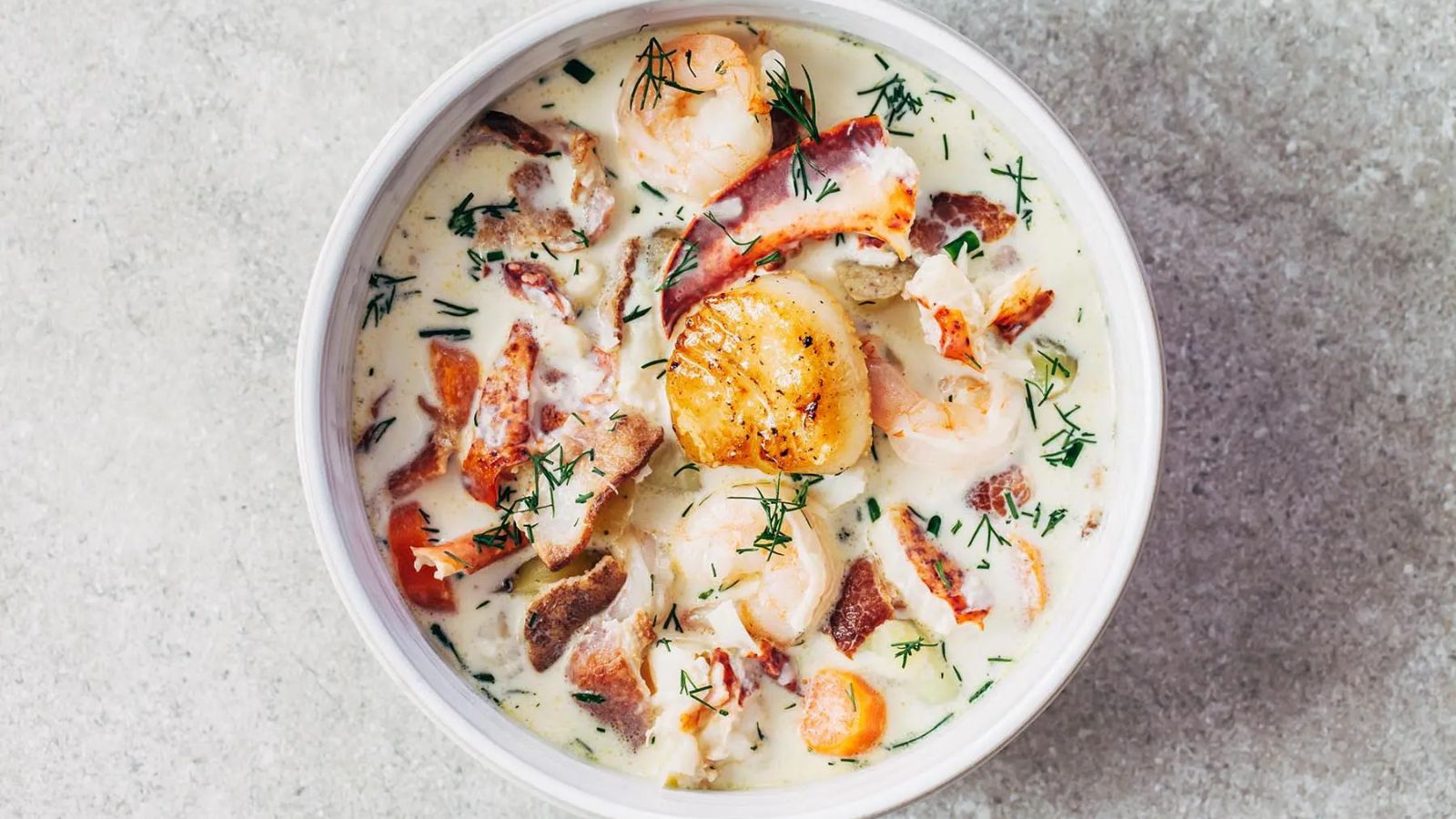 Seafood chowder in a bowl.
