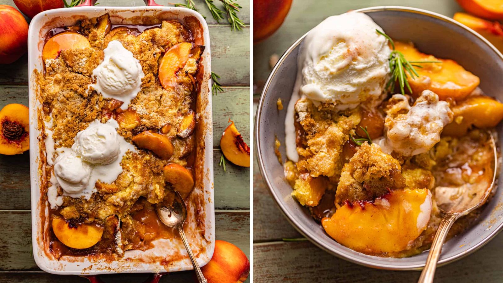 Peach cobbler with scoops of ice cream.